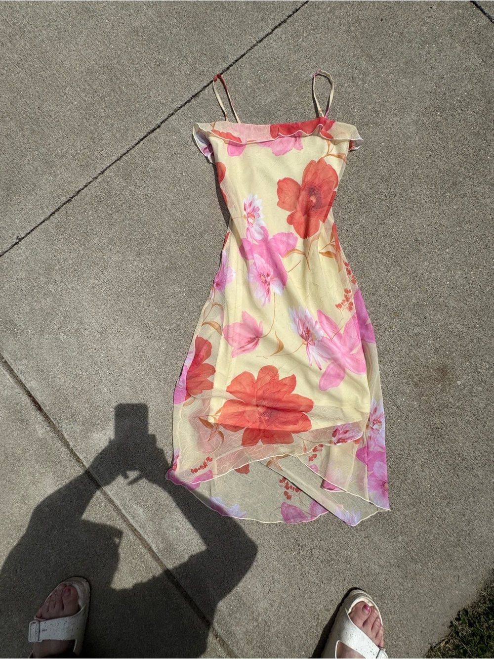 Yellow Floral High-Low Slip Dress with Pink Accents